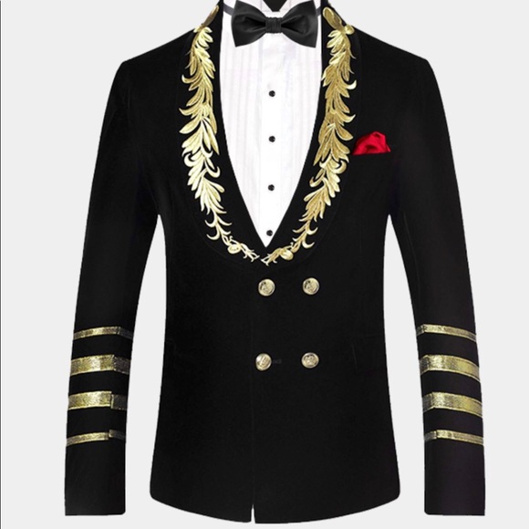 Black Velvet Gold Embroidered Tuxedo Jacket - Picture 1 of 4